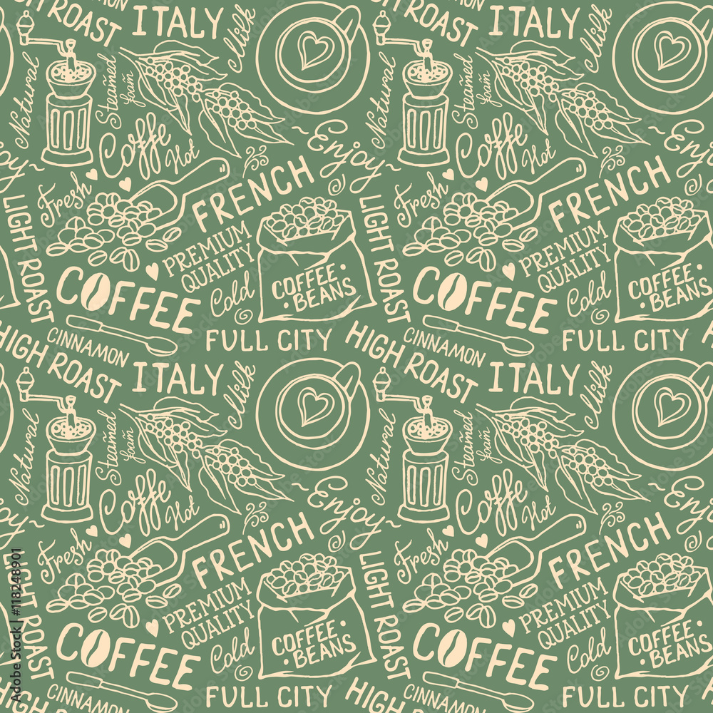 Obraz premium Hand-drown seamless vector coffee pattern.