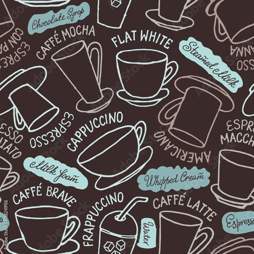 Sketchy seamless vector pattern with different type of coffee cups.