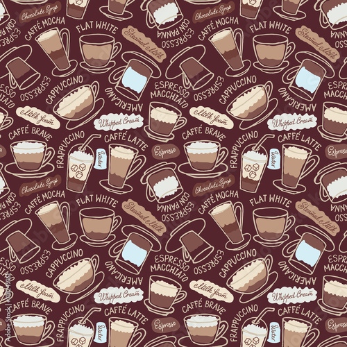 Sketchy seamless vector pattern with different type of coffee cups.
