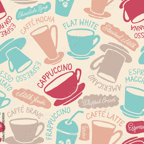 Sketchy seamless vector pattern with different type of coffee cups.