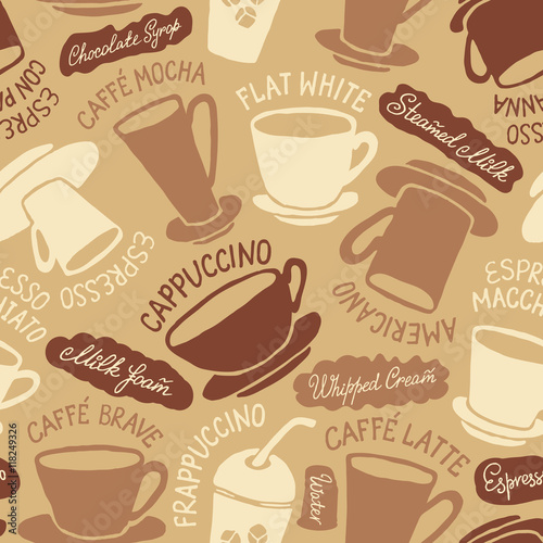 Sketchy seamless vector pattern with different type of coffee cups.