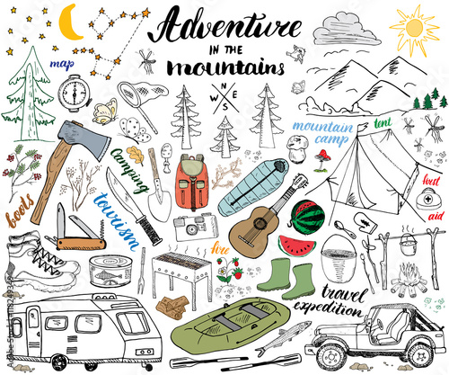 Camping, Hiking Hand Drawn sketch set vector illustration.