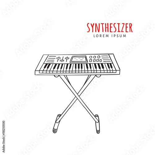 Electronic piano synthesizer vector illustration hand drawn doodle isolated. Musical instrument sketch. Music icon.