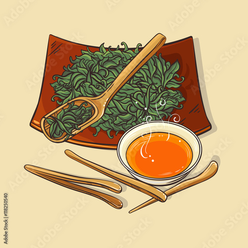 dry tea with tea tools and tea bowl