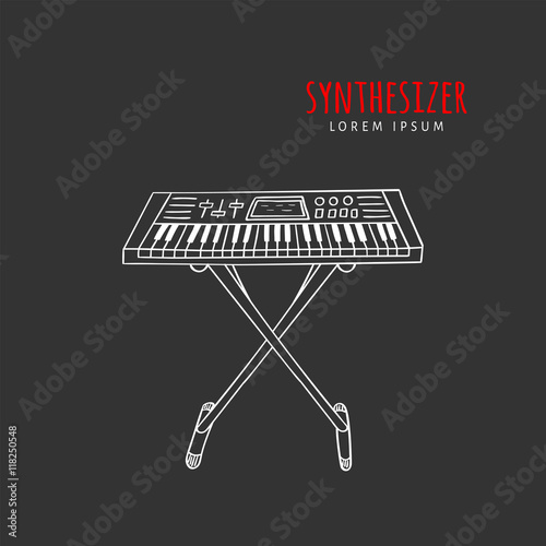 Electronic piano synthesizer vector illustration hand drawn doodle isolated. Musical instrument sketch. Music icon.