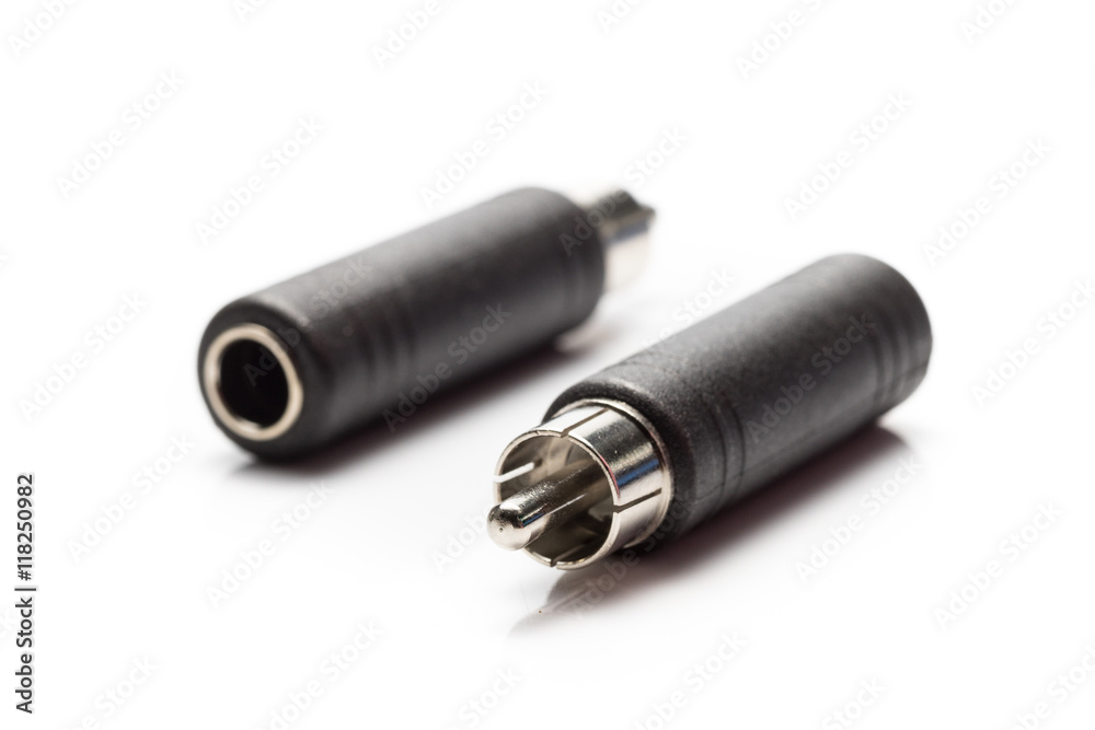 RCA Plugs Adapter to Mono Plug on White background RCA Plugs Adapter to Mono Plug on White background