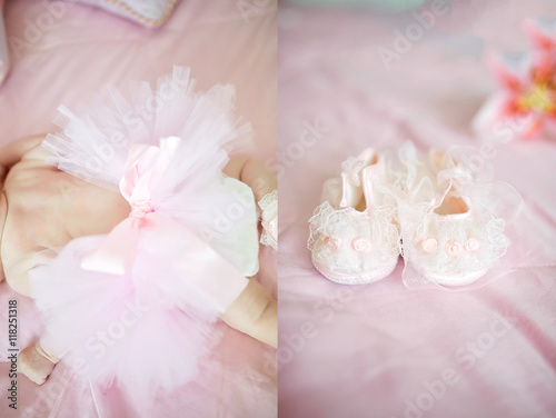 Doubled picture of pink bow on baby's back and tiny shoes on the