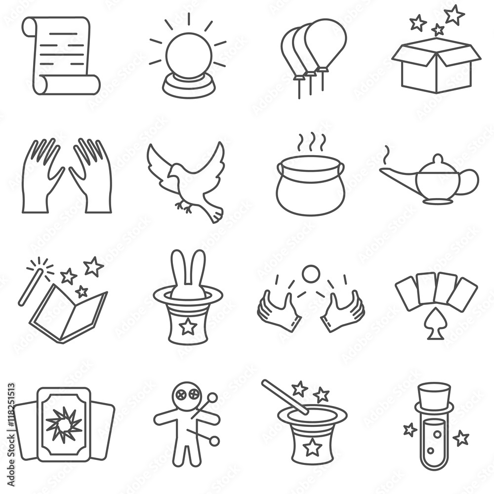 magic tricks icons thin line set. magic tricks and focus items magic tricks icons thin line set. magic tricks and focus items