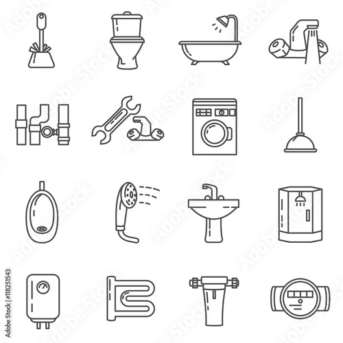 plumbing thin line icons set