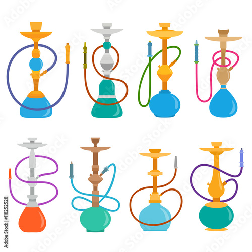 Hookah set . Hookahs icons of various shapes. Collection smoking hookahs vector illustration. Arab hookahs isolated on white background