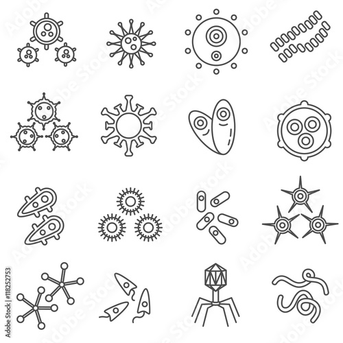 virus and bacteria icons set thin line design