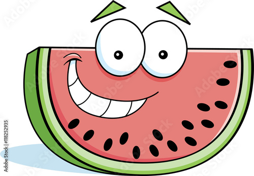 Cartoon illustration of a smiling slice of watermelon.
