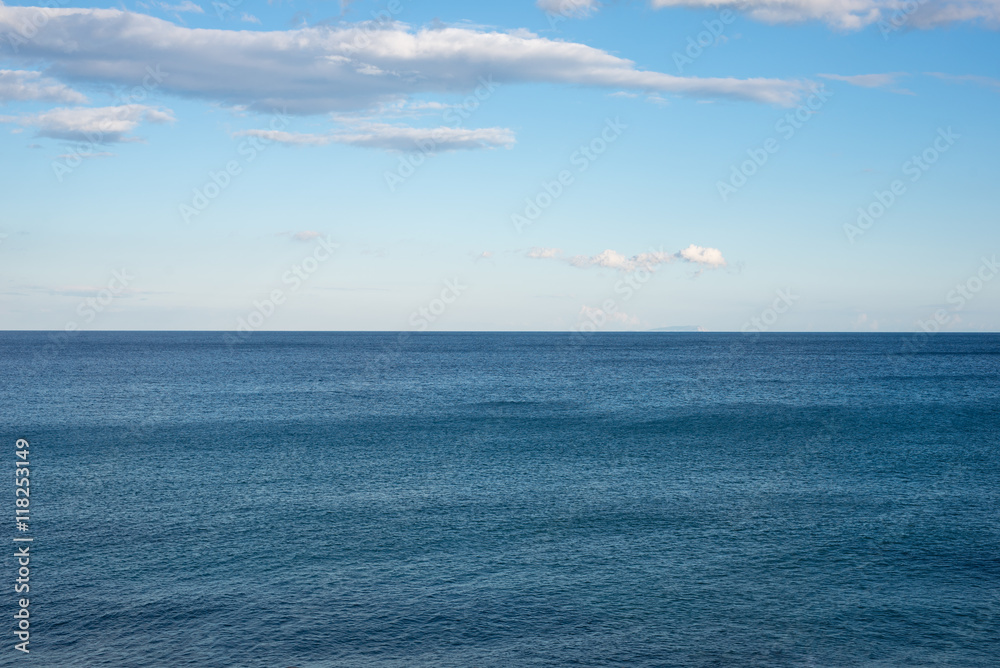Sea view of the Libyan Sea near Paleochora.  The Mediterranean Sea in the southwest of Crete. On the horizon the island of Gavdos. The southernmost point of Europe