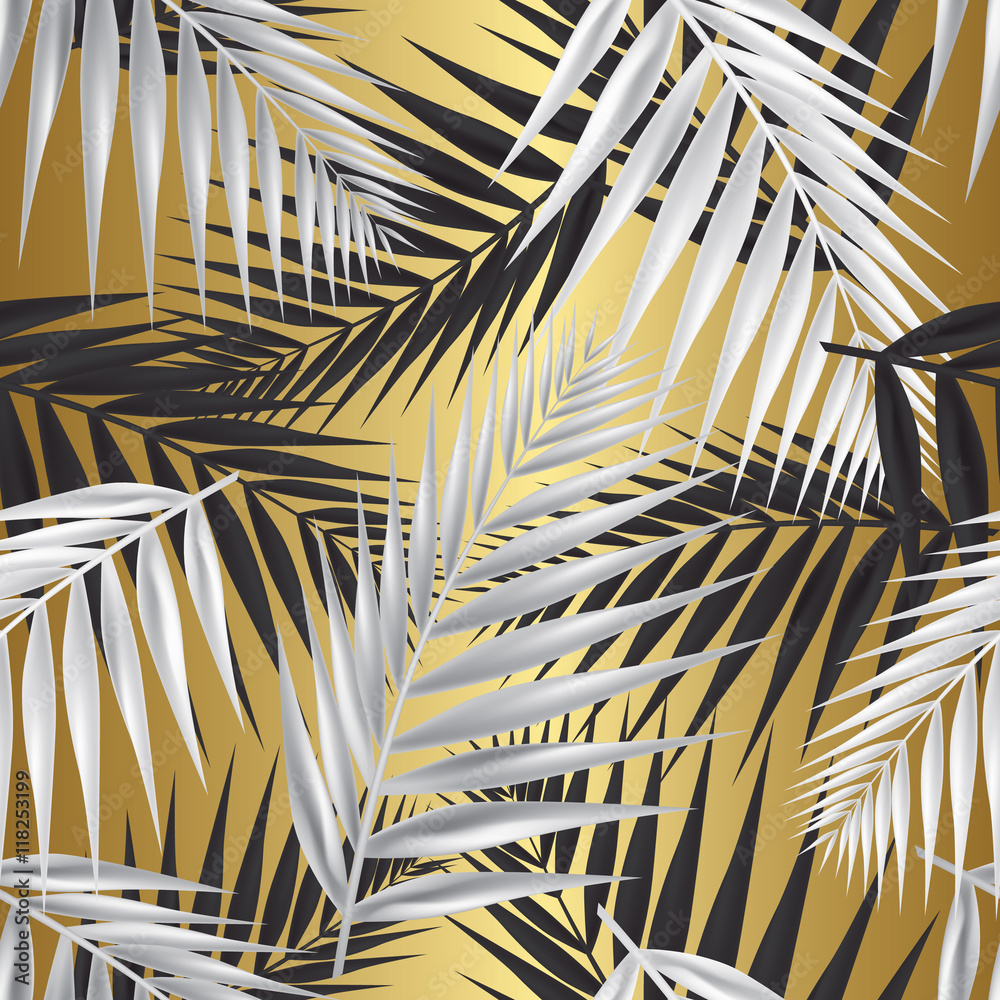 Palm leaf seamless texture on gold background. Vector Illustration ...