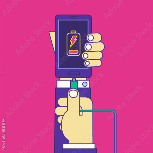 Man hands holding wire smartphone charger cable. Cell phone charging
