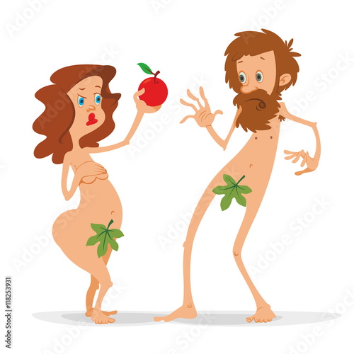 Adam and Eve with a red apple cartoon illustration