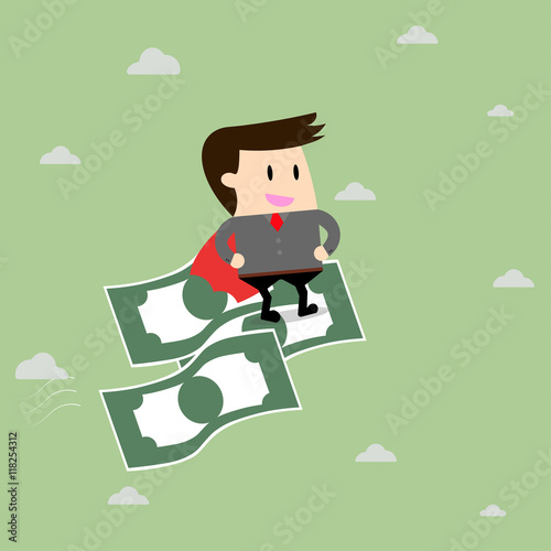Businessman riding flying money. Business concept cartoon illust