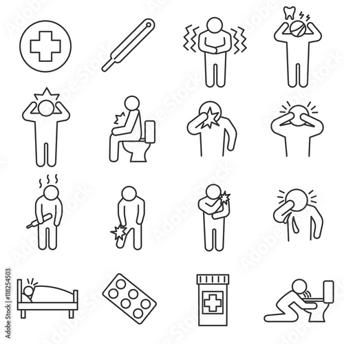Health conditions icons set. Sickness and disease states.Thin line design