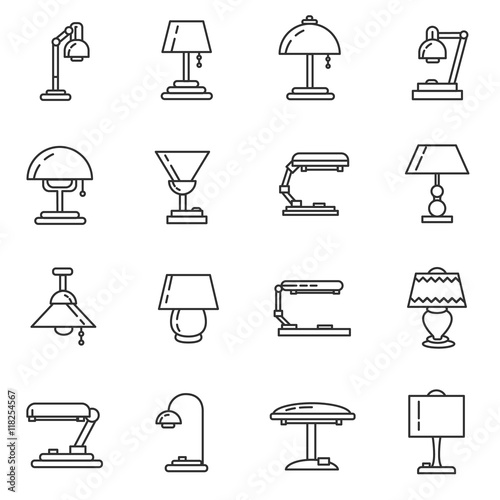 Lamp and lighting icons set. table lamp thin line design. reading lamps