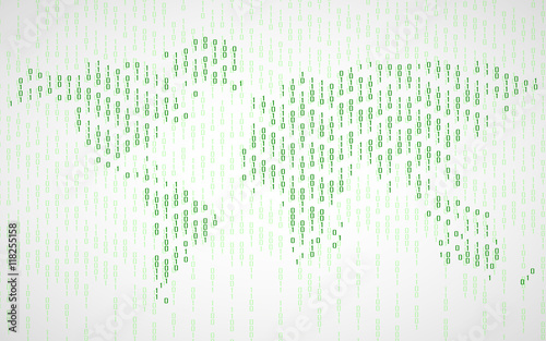 Abstract world map of binary computer code, technology background