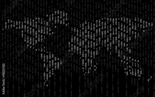 Abstract world map of binary computer code, technology background