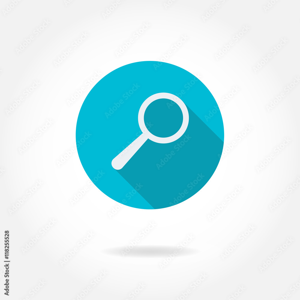 Magnifying glass icon or sign with long shadow. Vector illustration. Flat icon of magnifier