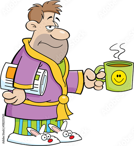 Cartoon illustration of a grouchy man in his bathrobe and holding a coffee cup.