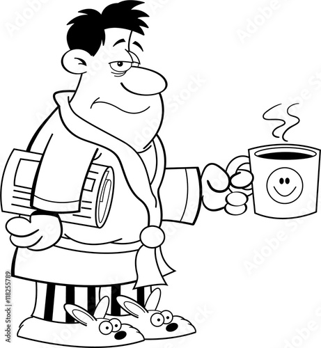 Black and white illustration of a grouchy man in his bathrobe and holding a coffee cup.
