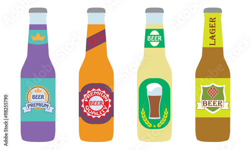 Beer bottles set with label isolated on white background. Colorful vector icon or sign. Symbol or design elements for restaurant, beer pub or cafe.