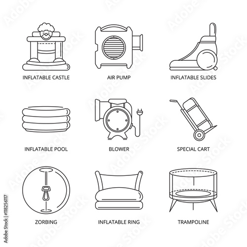 Vector mono line icons set of inflatable castles