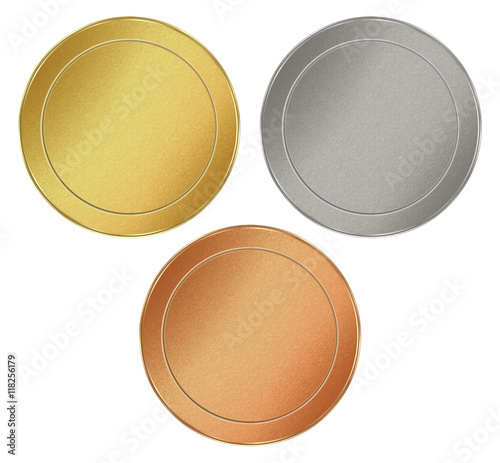 vector set of blank round texture tokens of gold, silver, bronze