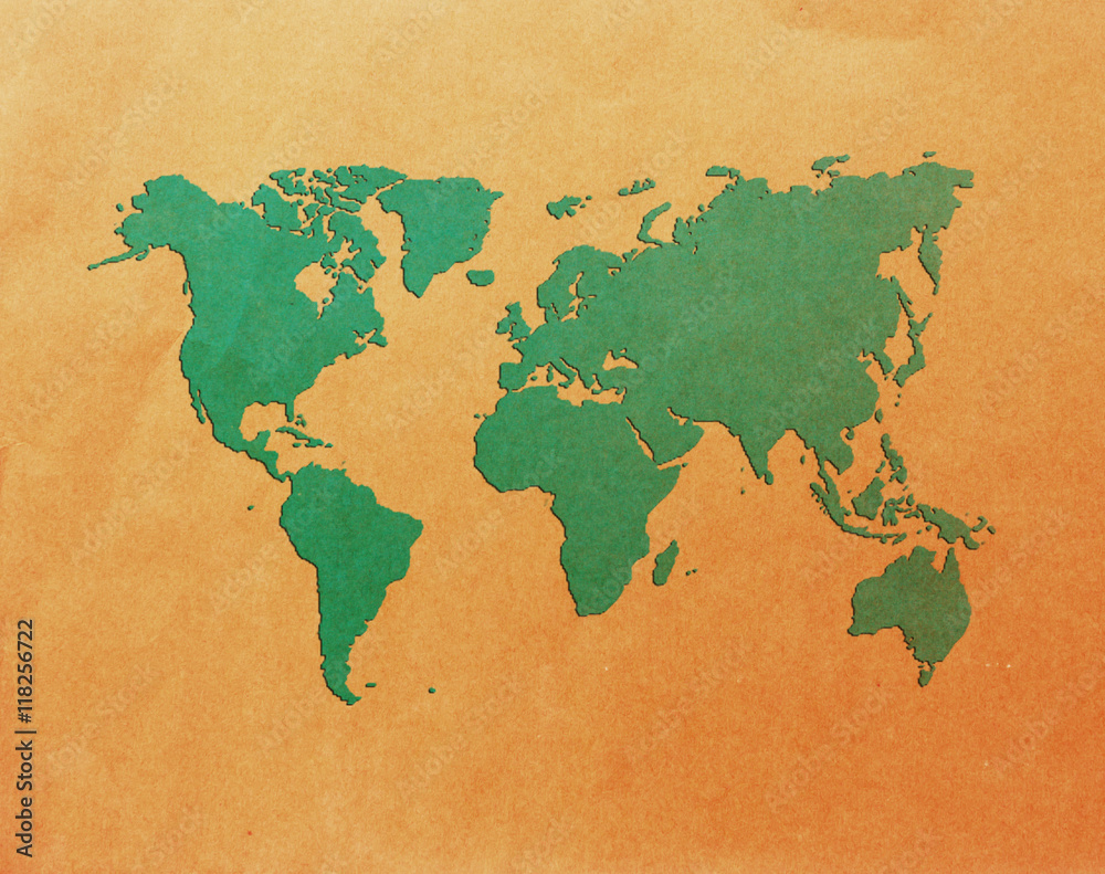 world map recycled paper on vintage tone background