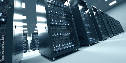 Modern interior of server room in datacenter. Cloud computing da