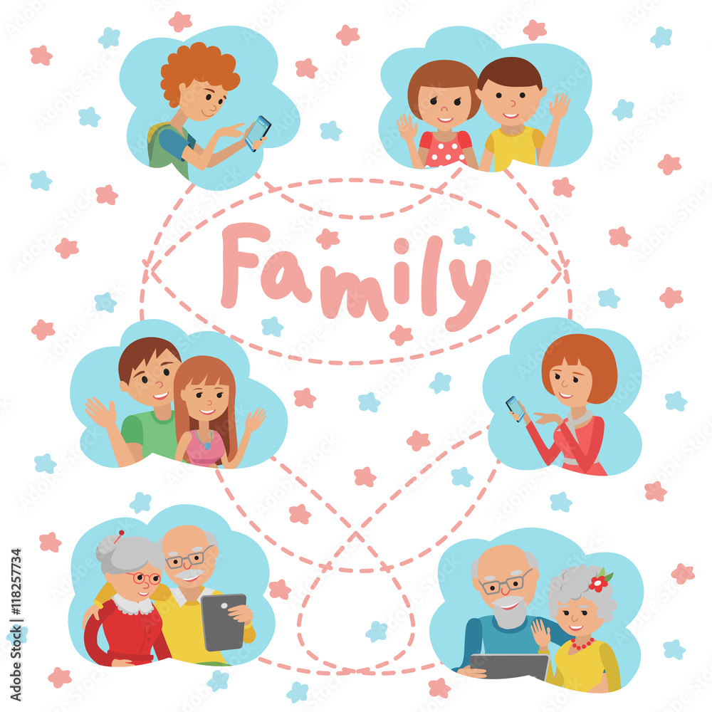 Social media communications family. Man woman couple calling with tablet to their children parents grandparents and friends. Social media communications family. Man woman couple calling with tablet to their children parents grandparents and friends.