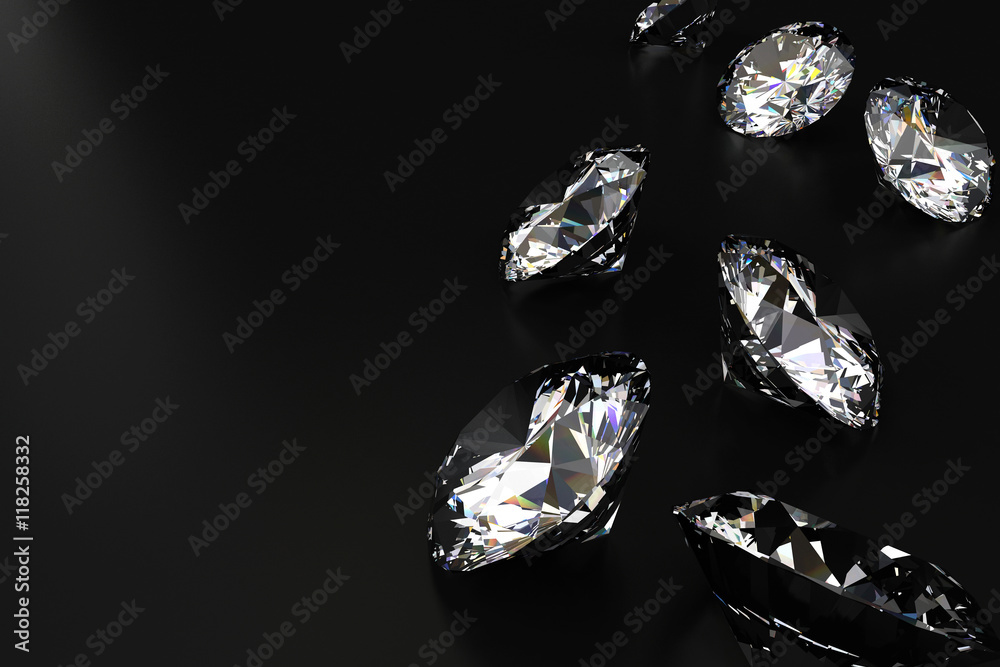 Realistic group of diamonds placed on black background, 3D illustration.