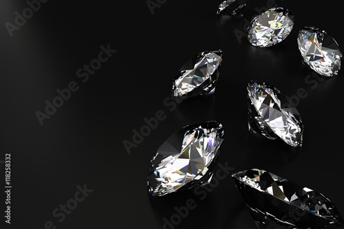Realistic group of diamonds placed on black background, 3D illustration.