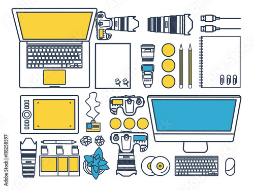 Photographer equipment on a table. Photography tools, photo editing, photoshooting flat background. Digital photocamera with lens. Vector illustration.Line art