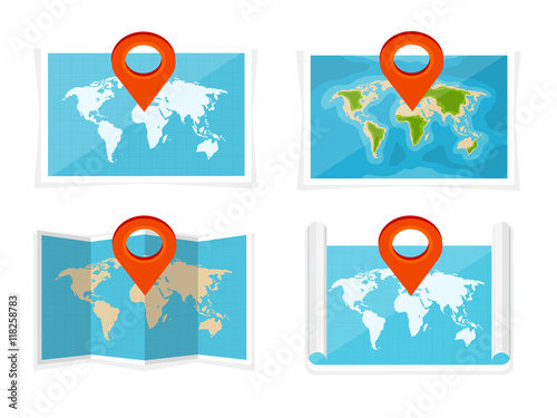 World map in a flat style. Earth, globe. Navigation. Route and destination. Icon. photo