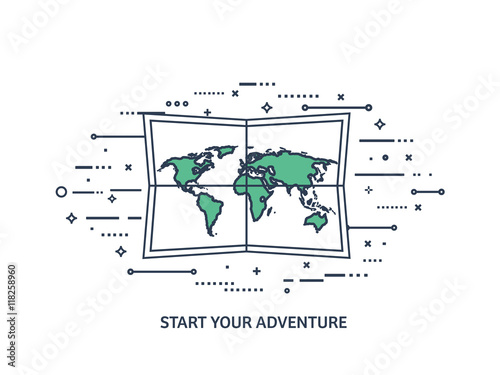 World map in a flat style. Earth, globe. Navigation. Route and destination. Icon.Line art. Lined. photo