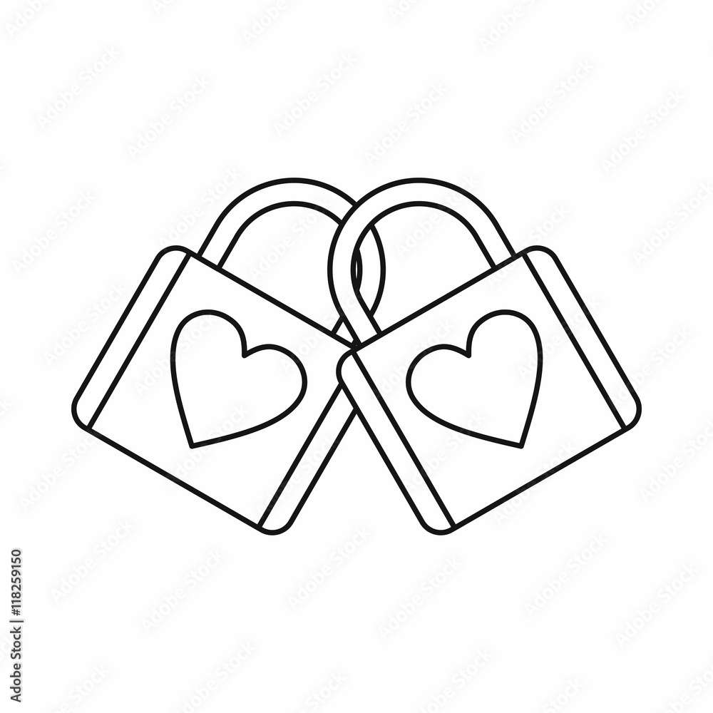 Two locked padlocks with hearts icon in outline style isolated on white background vector illustration Two locked padlocks with hearts icon in outline style isolated on white background vector illustration