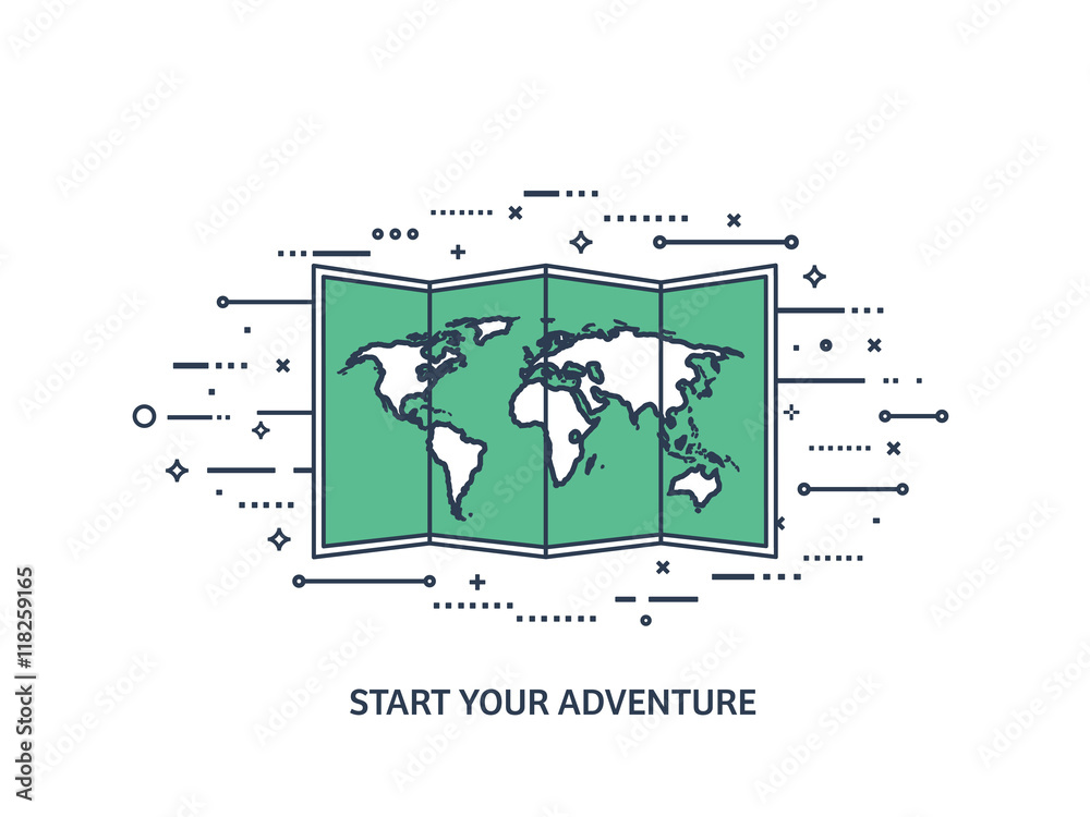 Naklejka premium World map in a flat style. Earth, globe. Navigation. Route and destination. Icon.Line art. Lined.
