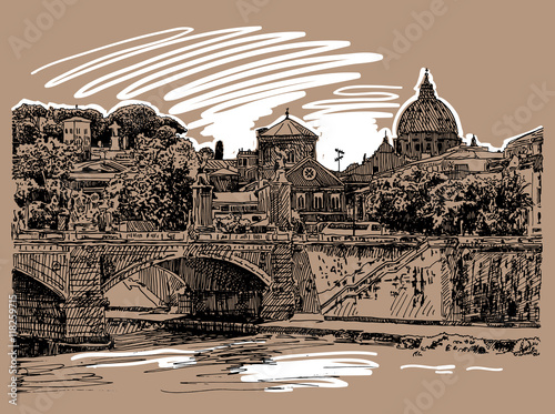 sketch drawing of Rome Italy cityscape, type of bridge in river 