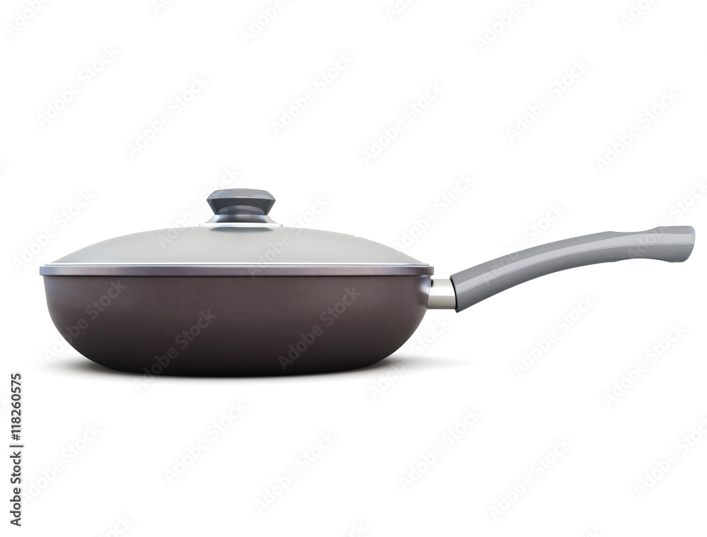 Side view of pan with a lid isolated on white background. 3d ren Side view of pan with a lid isolated on white background. 3d ren