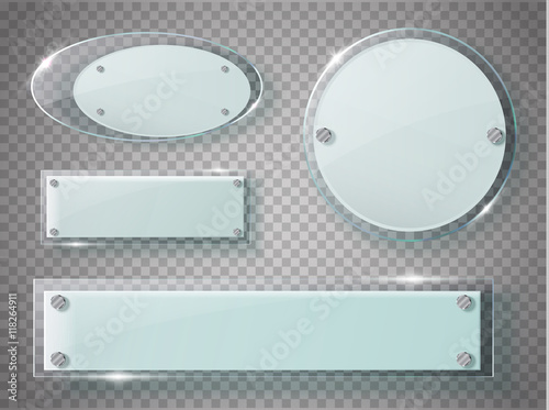 Glass plates set. Vector acrylic banners on transparent background.