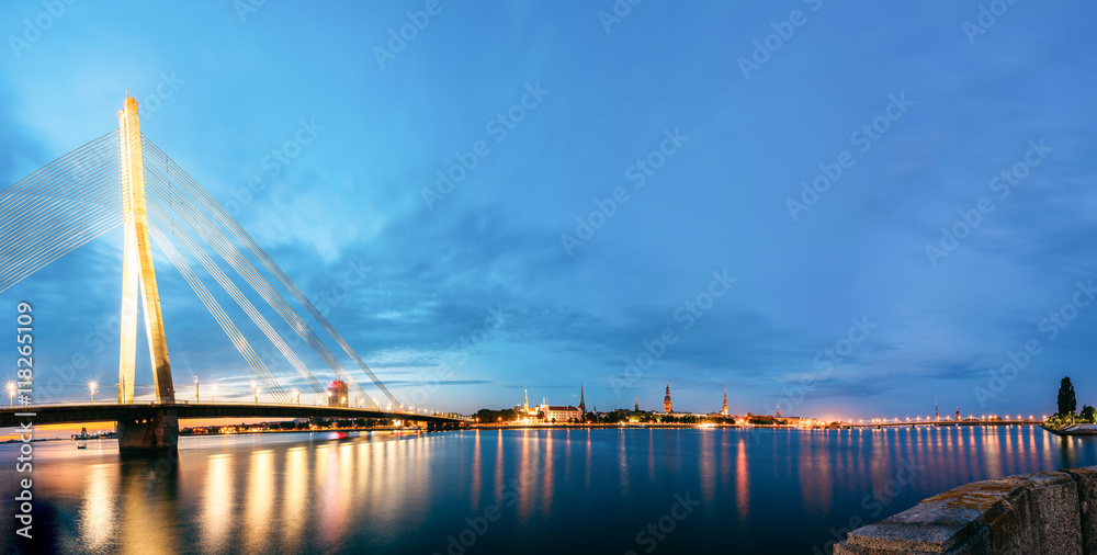 Obraz premium Vansu Bridge In Riga, Latvia. Shroud Bridge. Cable-Stayed Bridge