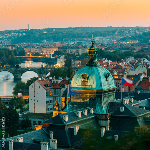 Evening Aerial View Of Cityscape Of Prague, Czech Republic.