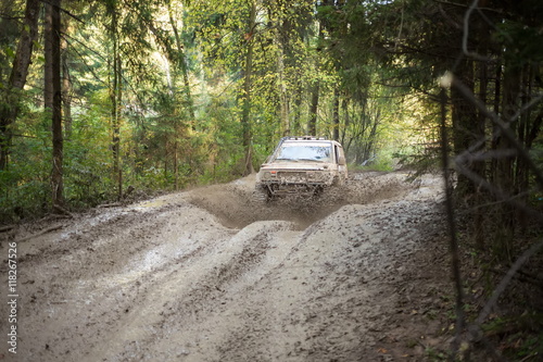 Off--road vehicle is driving on the wood at Rainforest Challenge Russia Autumn 2014 PRO-X. © Pavel Losevsky