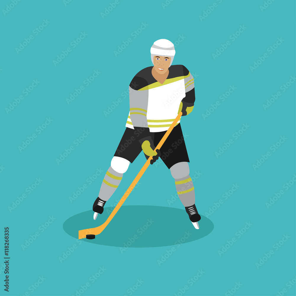 Obraz premium Vector illustration of ice hockey player. Man in sport uniform flat style design
