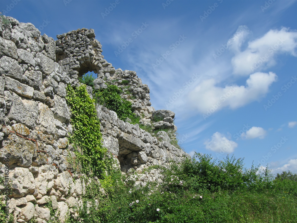  medieval cave town Mangup-Kale, ruins of citadel wall on top of Mangup mountain, Crimea