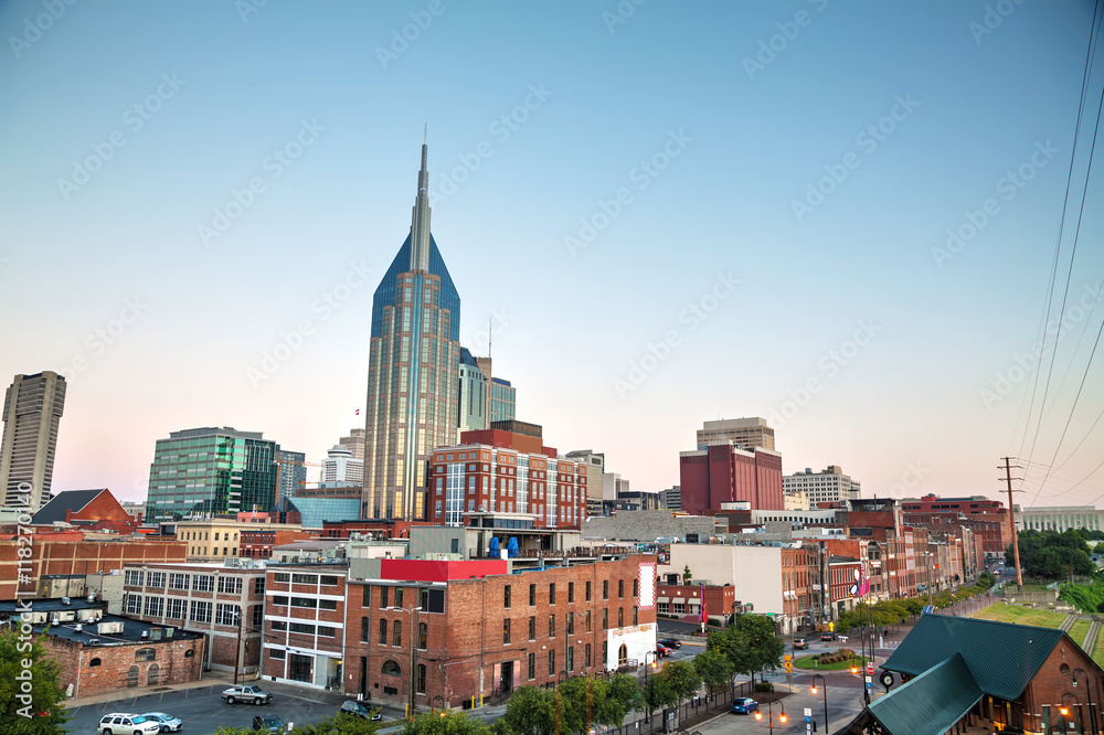 Downtown Nashville cityscape in the evening